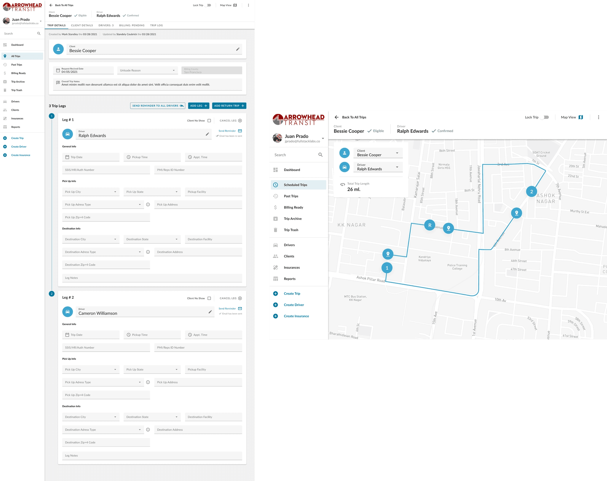 Arrowhead Transit dashboard showing this week's trips and available drivers.