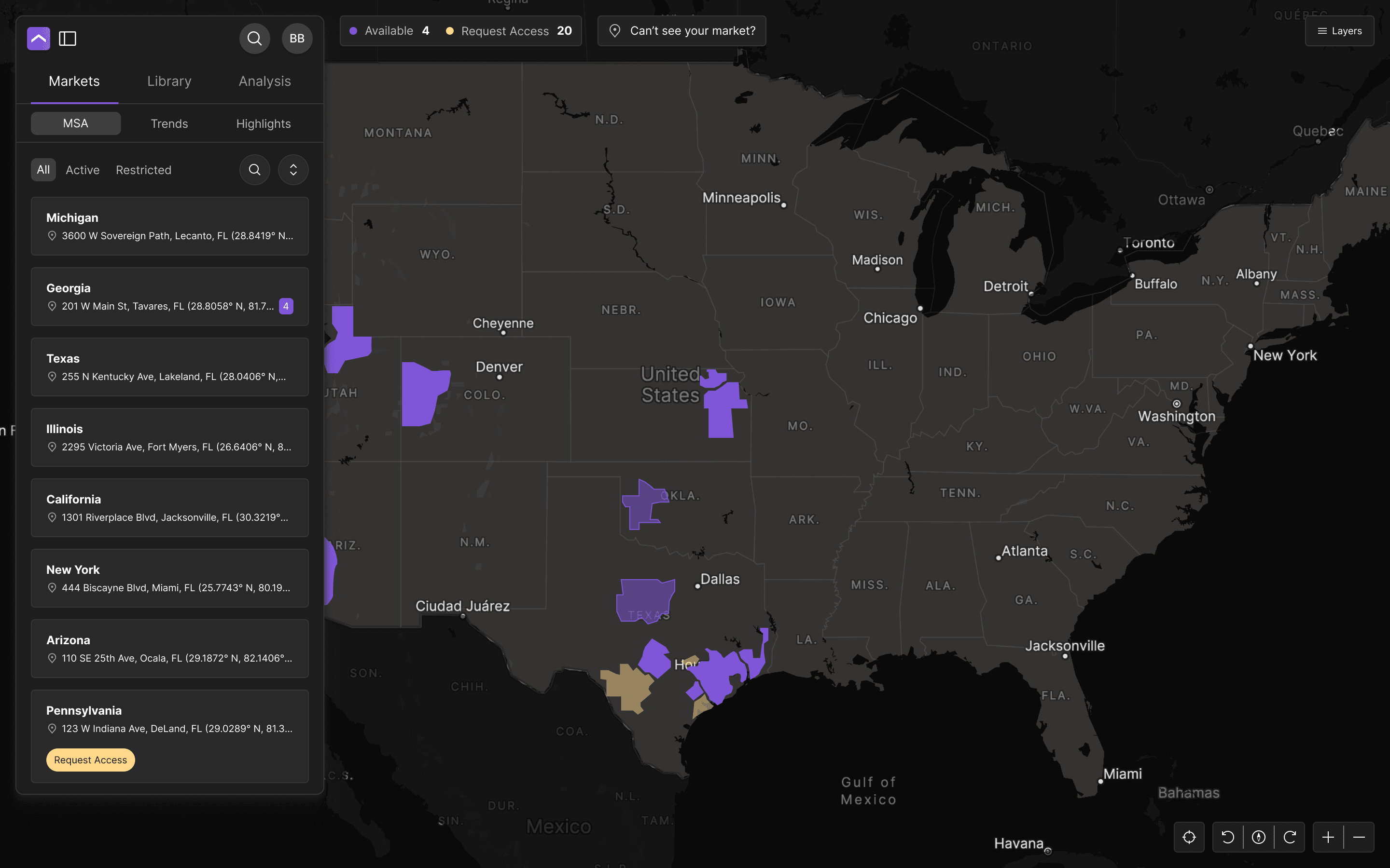 Forty5Park map view showing acquisition targets plotted across active real estate markets, with a filterable list in the sidebar.