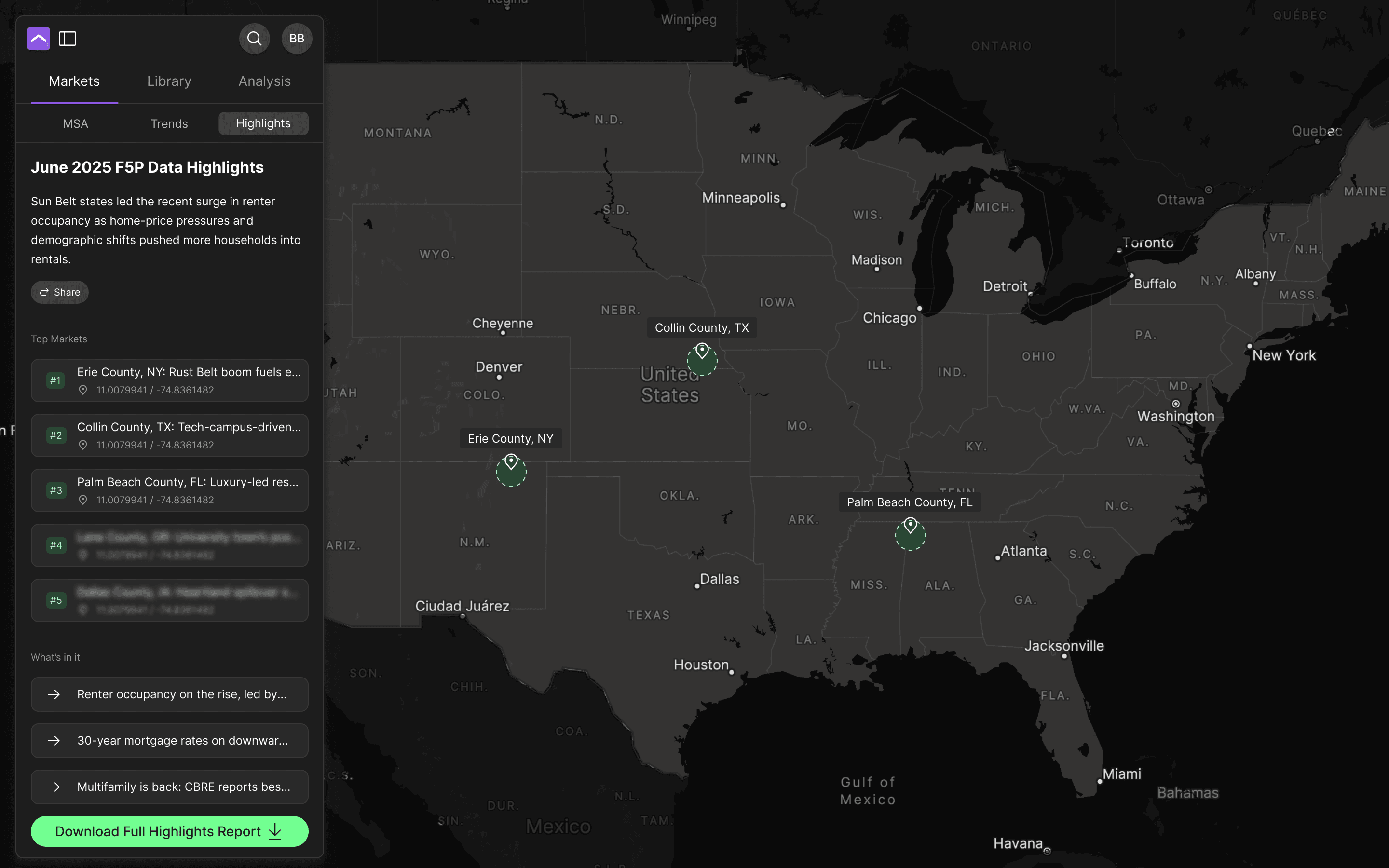 Forty5Park map view with a market highlights panel summarizing recent deal activity.