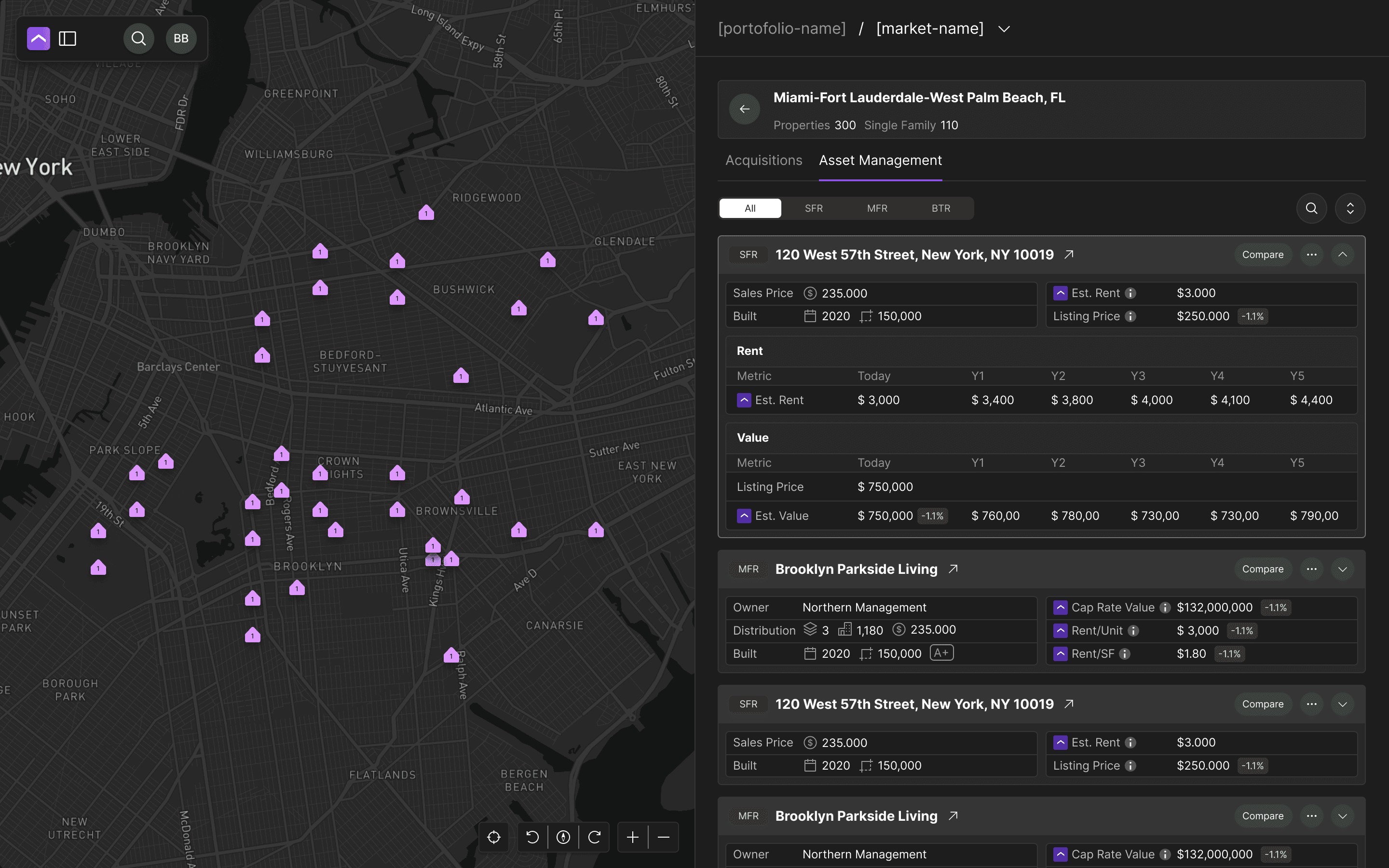 Forty5Park map zoomed into a metro area, showing clustered deal density markers.