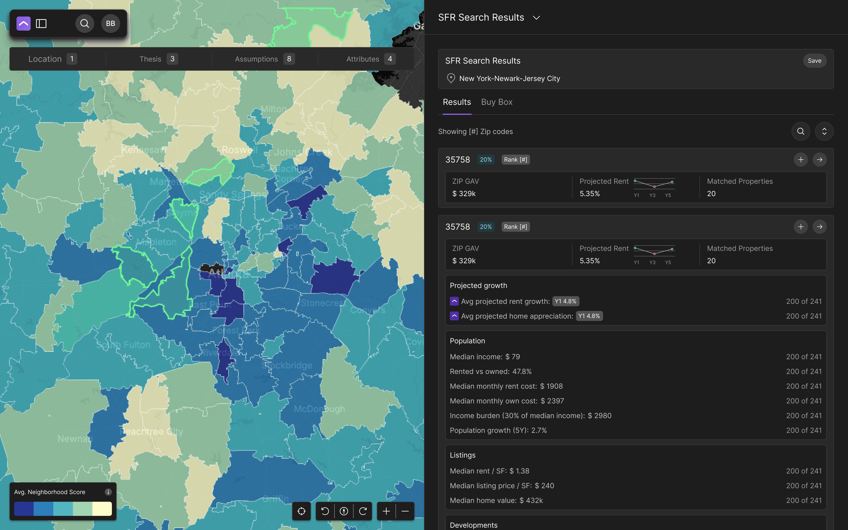 Forty5Park property valuation heatmap, showing forecasted values by neighborhood across a metro area.