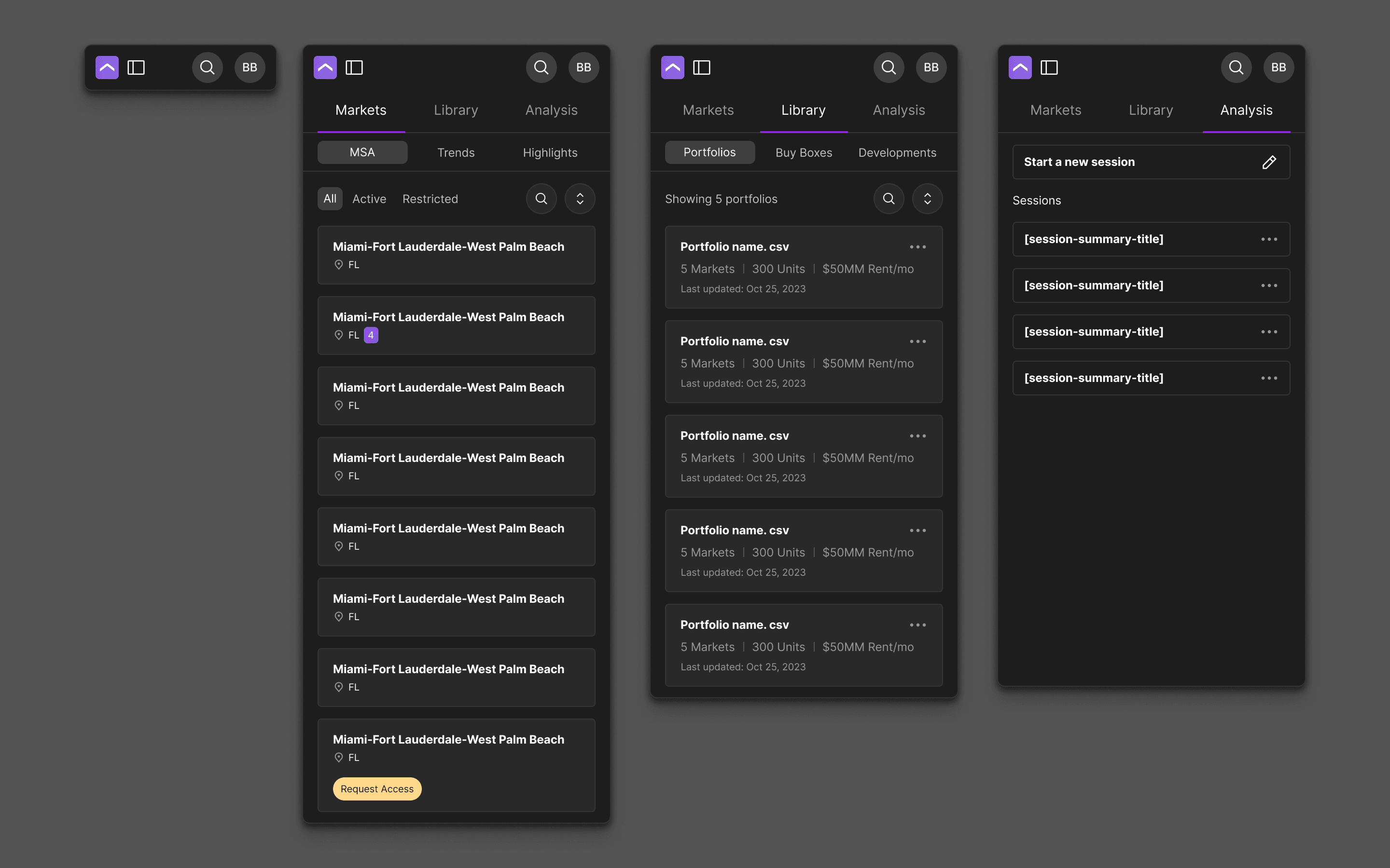 Forty5Park portfolio view comparing multiple acquisitions side by side with key financial metrics.