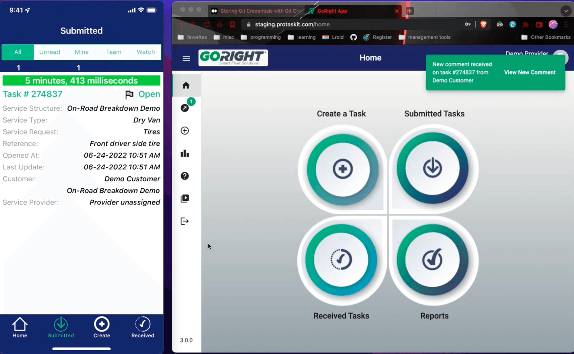 Exhibit A — staging.protaskit.com, before GoRight had a brand or a consistent pattern. Desktop and mobile spoke different visual languages.