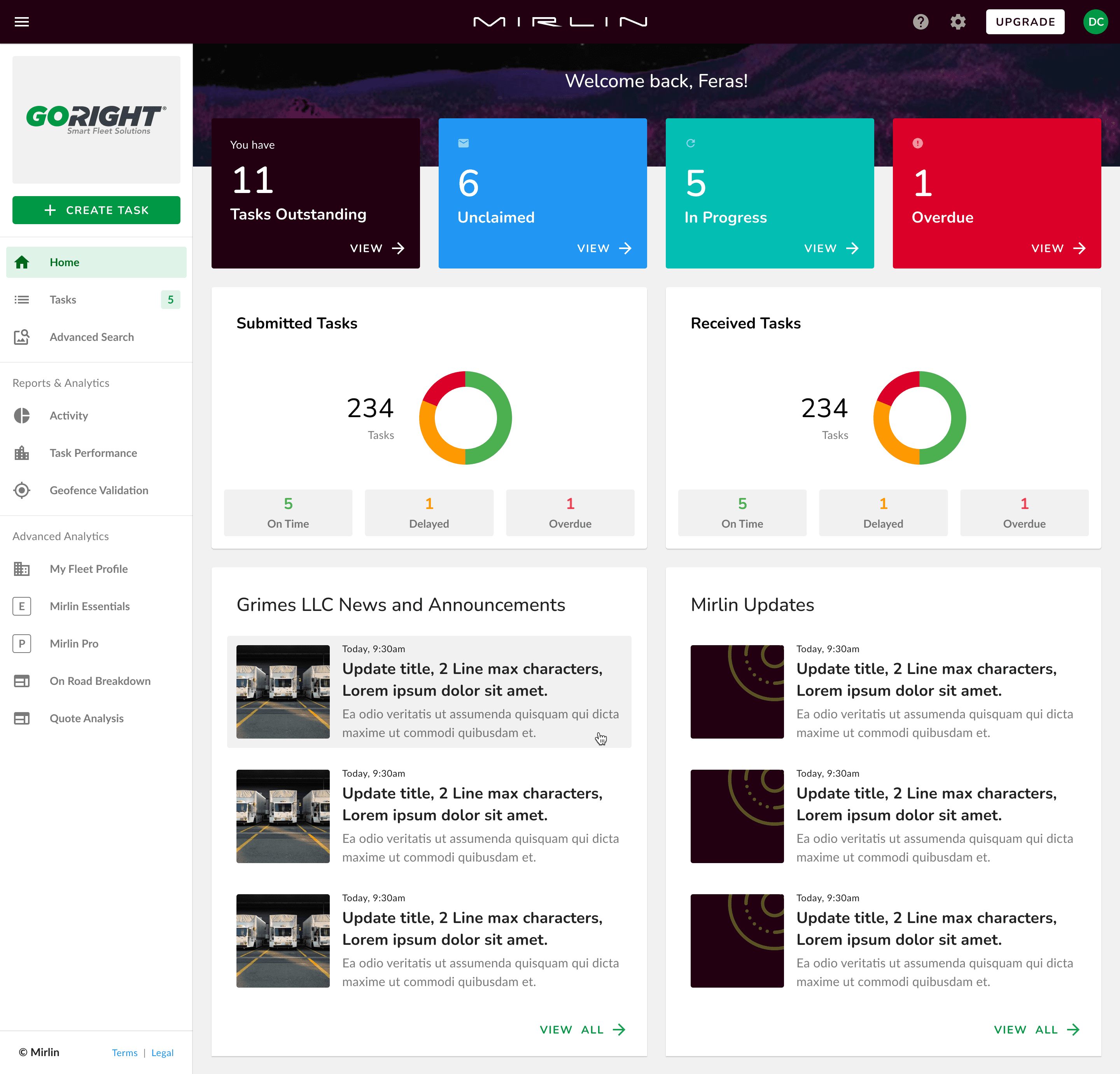 Merlin dashboard showing task counts and submitted-versus-received activity.