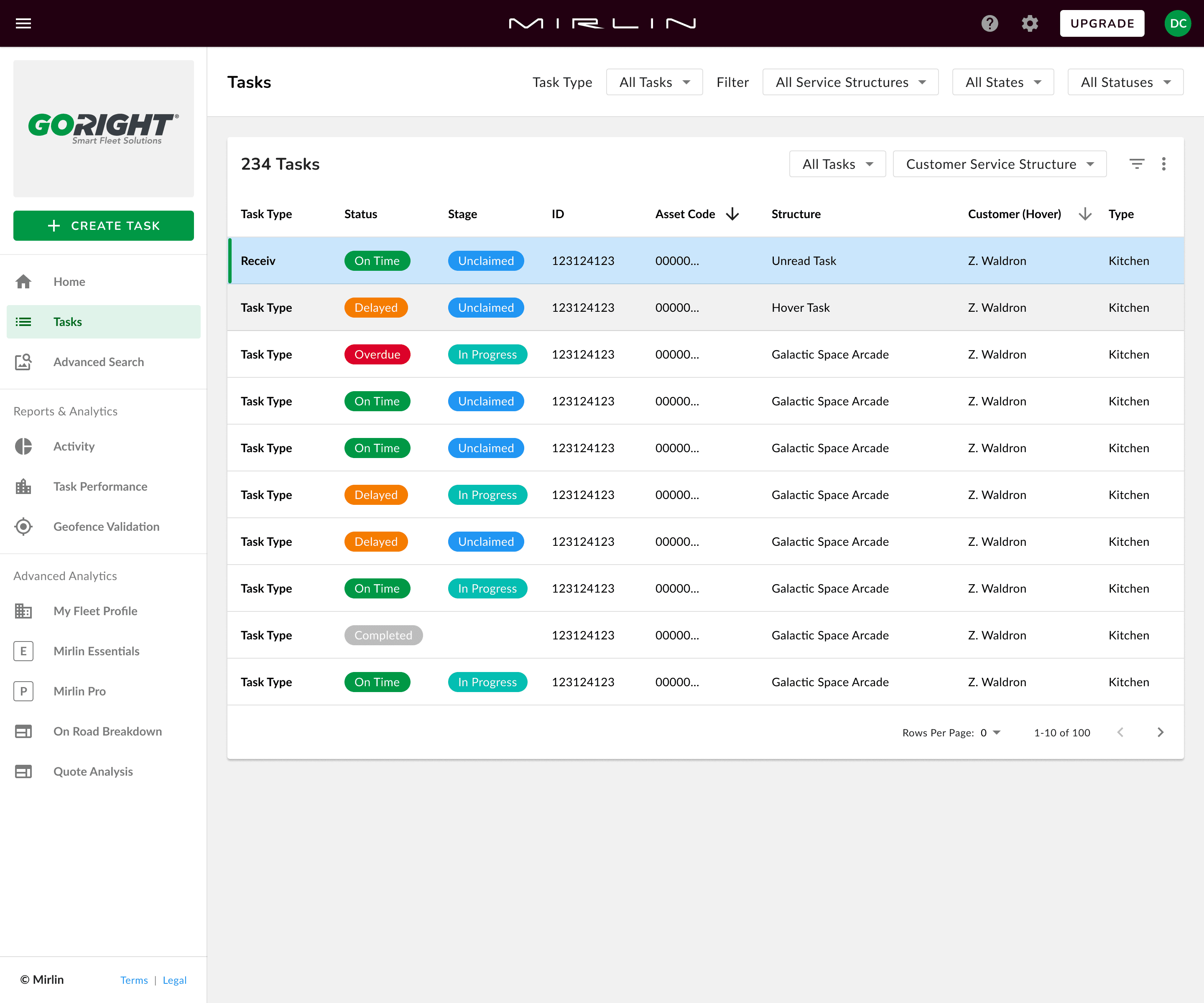 Merlin task list table showing on-road jobs by status.