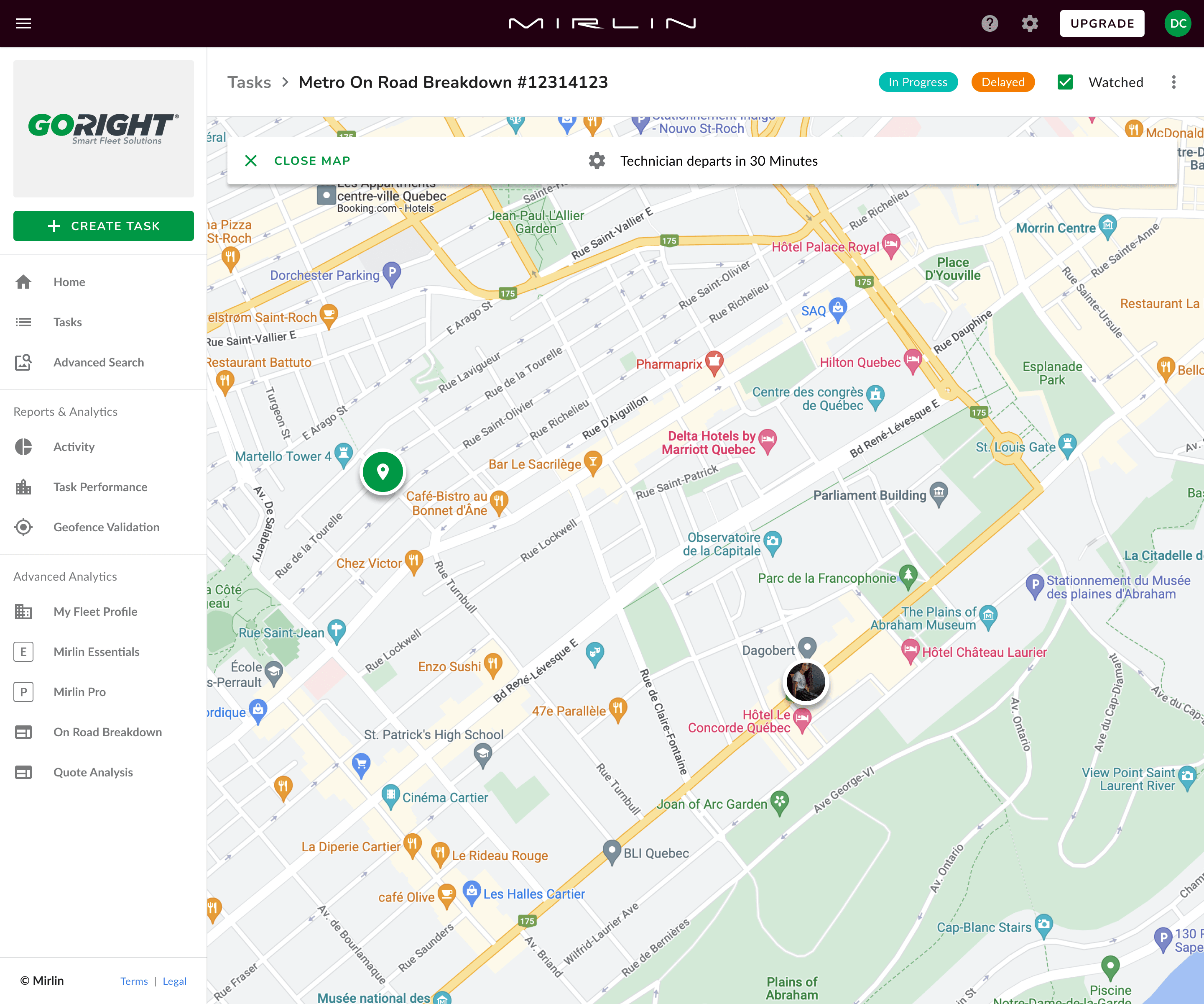 Merlin task detail view showing live route tracking on a map.