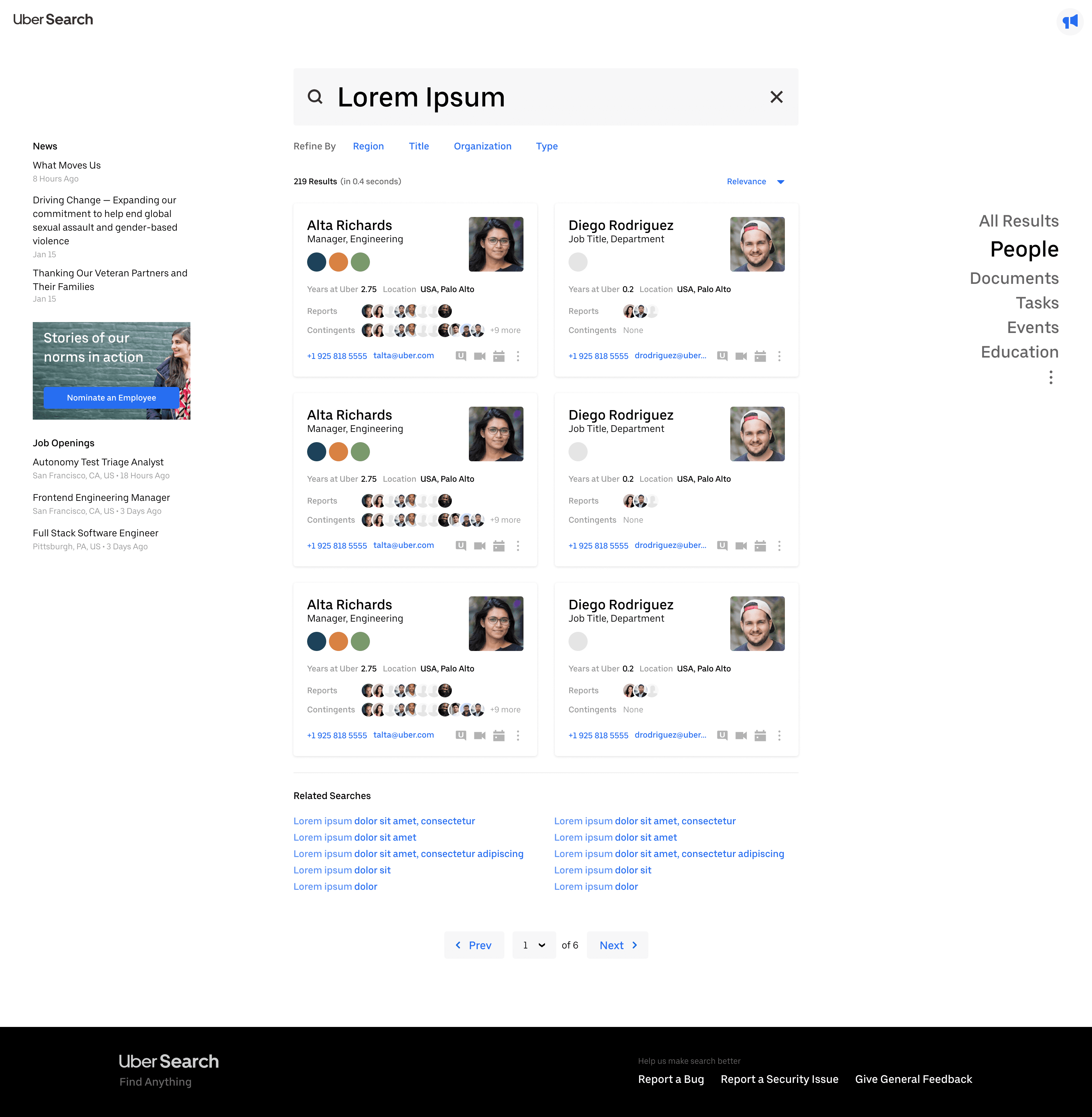 Uber Search results screen showing employee profile cards for a company-wide people search.