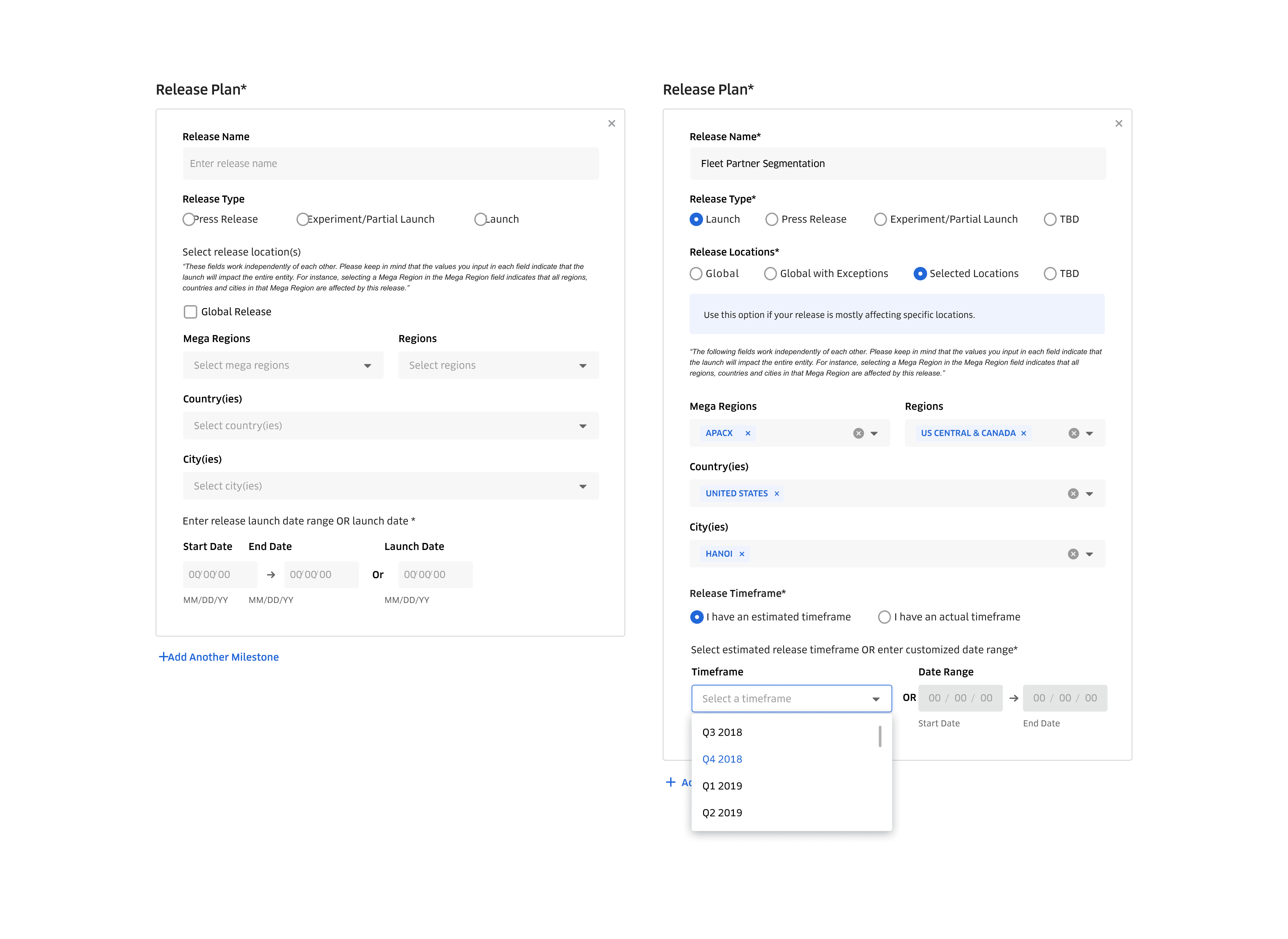 Uber Suite release plan form for configuring a company-wide announcement rollout.