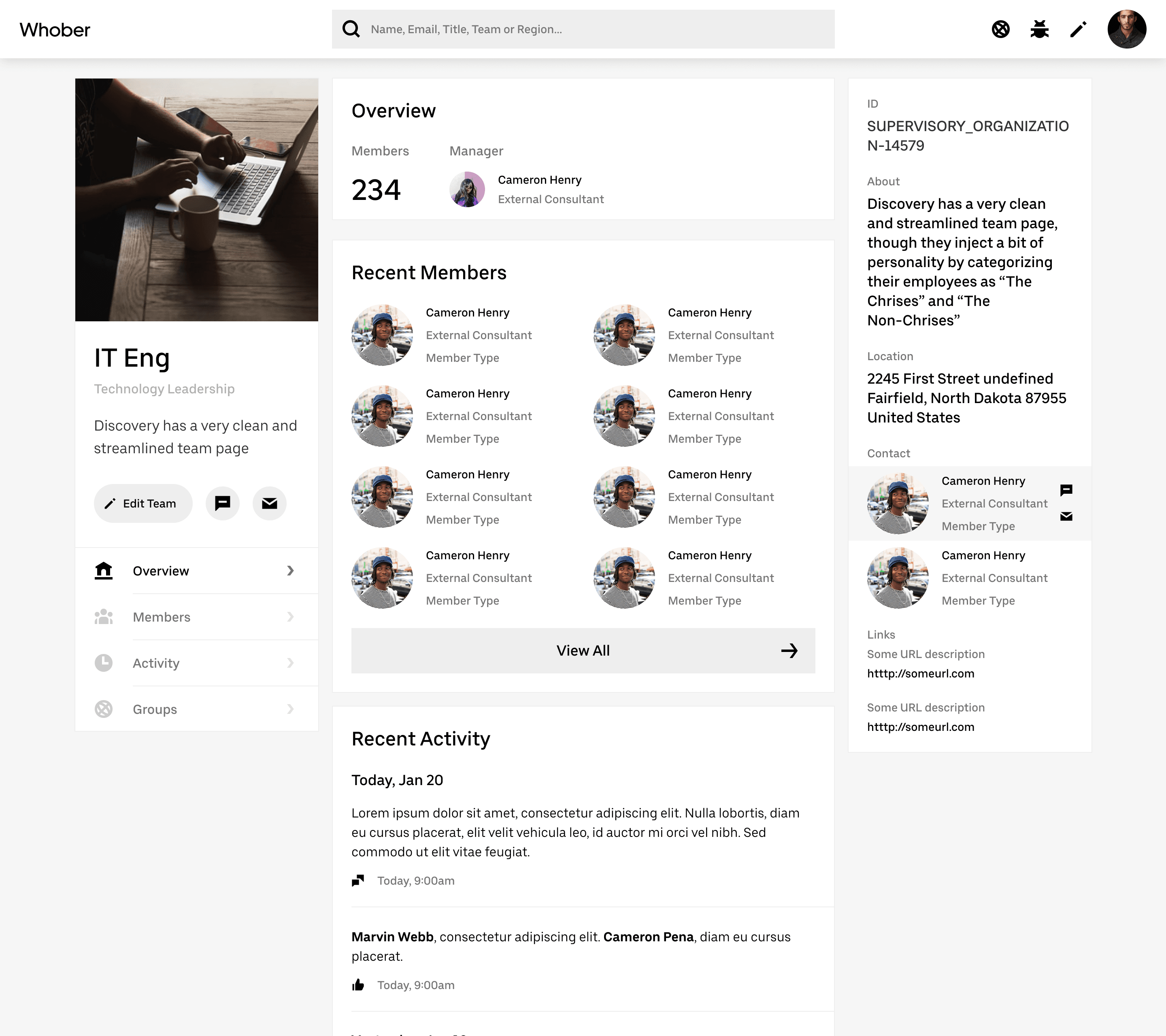 Uber Suite mobile app screens showing team member profiles and a department page.