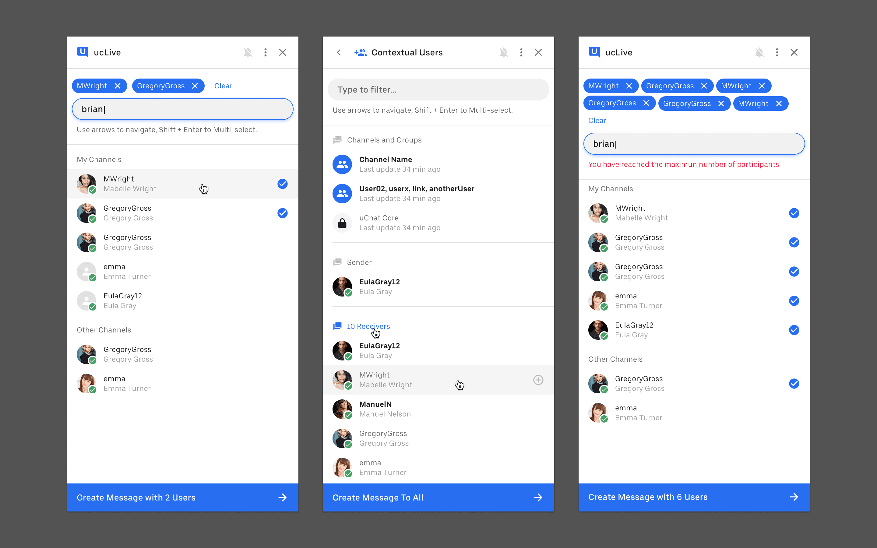 Uber Suite messaging tool showing channel search and multi-user selection.