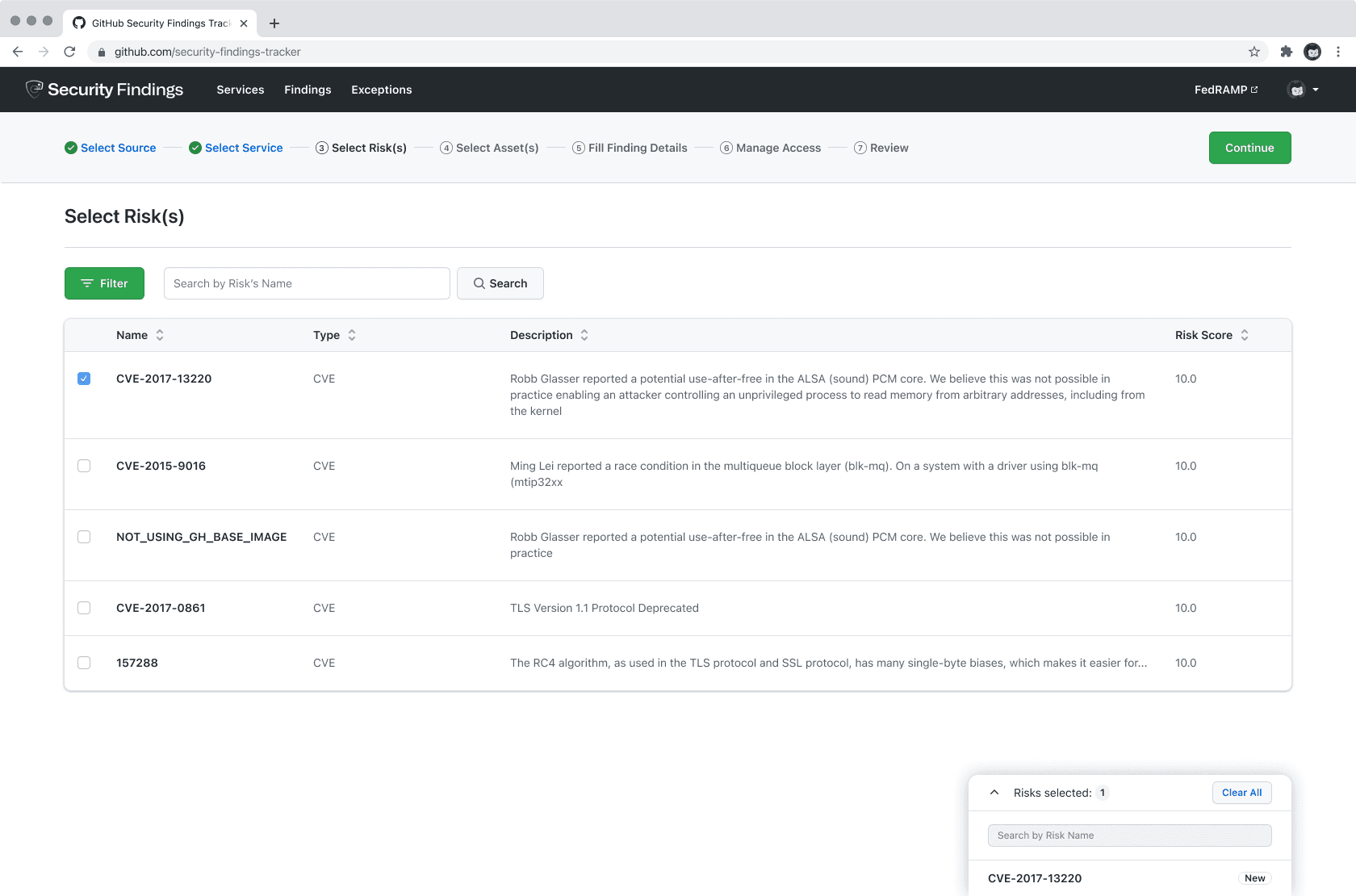 Security Findings exception-creation dialog for flagging a finding as a false positive or accepted risk.