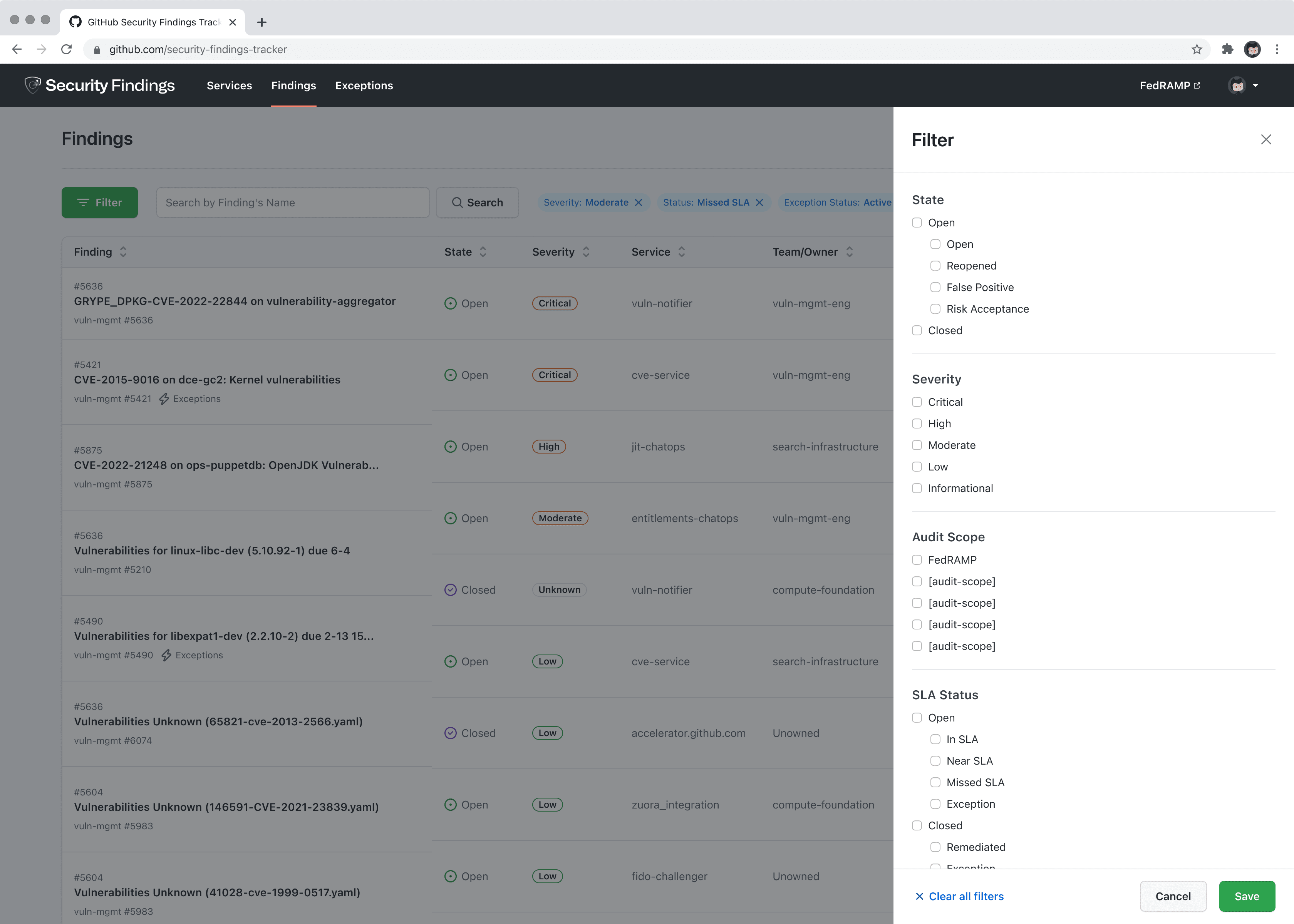 Security Findings full audit table showing every tracked finding and its resolution status.